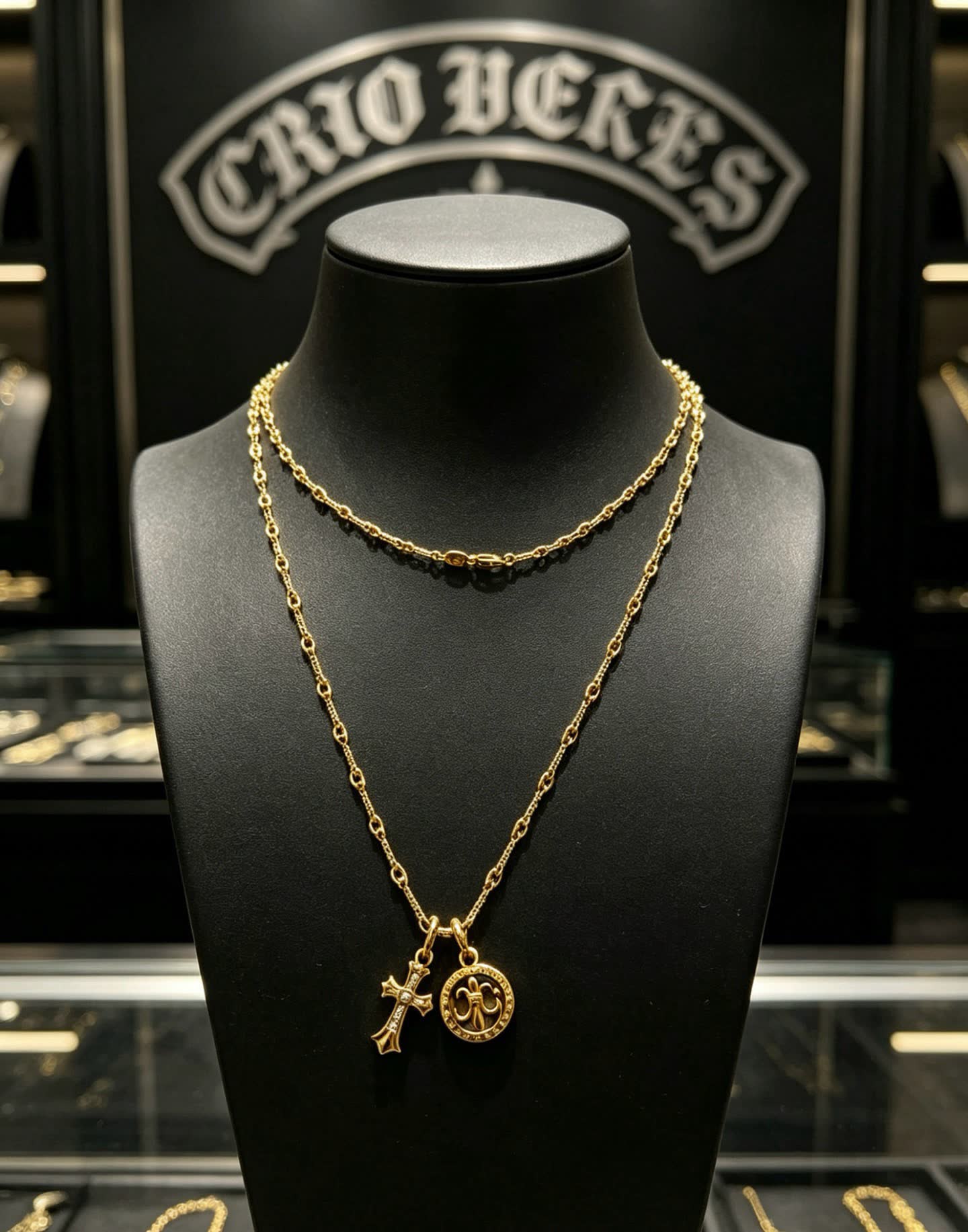 Chrome Hearts Gold Rosary Necklace with Cross and Round Medallion